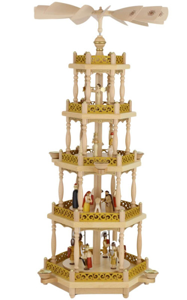 Christmas pyramid Nativity, 4-tier, natural with gold decorations by Richard Glässer_1