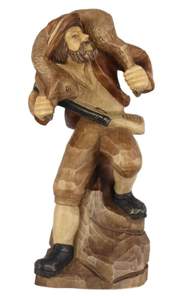 Poacher with deer, carved, stained, 25 cm by Schnitzkunst aus dem Erzgebirge