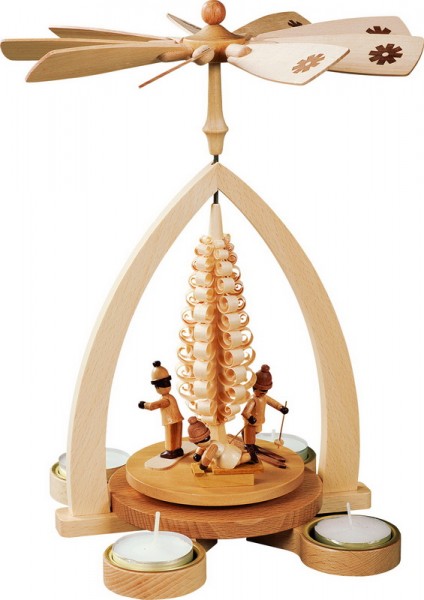 Christmas pyramid for tea lights with winter children, 28cm, natural by Richard Glässer_1