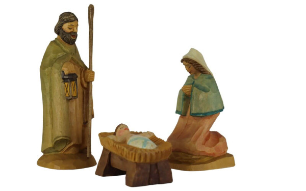 Holy Family, 3-parts, colored, carved, 12 cm by Schnitzkunst aus dem Erzgebirge